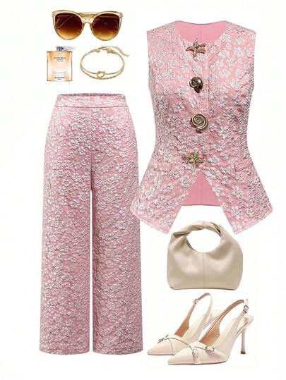 Ellevyn Set med sjöstjärnor i metalldekorerad jacquard, sommarväst och byxor för kvinnor