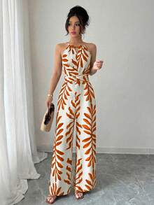 Elenzga petite Bộ jumpsuit nữ thanh lịch, thoải mái, màu be chủ đạo phối họa tiết nâu, chất liệu vải lanh, cổ yếm, đính hạt cườm và thắt nơ ở eo, thích hợp cho mùa xuân/hè. - trái cam - Xem 4