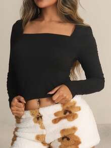 Rayane Ketlyn 女式夏季简约 Y2K 基本款日常休闲辣妹弹力舒适灰色紧身方领长袖 T 恤 - 黑色 - 查看 3