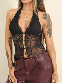 Rayane Ketlyn Black Solid Color Women's Lace Panel Hollow Out Halter Neck Short Camisole Top, Suitable For Vacation, Date, Music Festival, Concert - Western Wear, Concert, Rave, Festival, Lace Top, Sexy Top, Going Out Top, Women's Backless Hollow Out Sexy Halter Bodysuit,Valentine's Day,Valentine Outfits For Women - Black - View 3