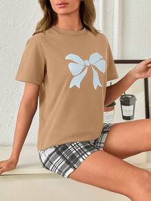 SHEIN Cottnline Bow Print Detailed 2 Pieces Round Neck Short Sleeve With Shorts Casual Relaxed Black And White Color Pajama Set - Beige - View 6