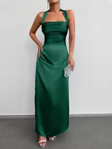 EURMUSE Vestido De Diseño Sólido Sin Mangas De Cuello Cuadrado, Con Cintura Ceñida Y Correa Para El Cuello - Verde - Ver 5