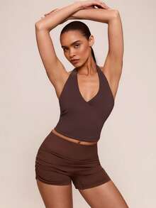 SHEIN BAE Áo tank top thể thao cổ yếm hở lưng màu trơn, kiểu dáng casual gợi cảm, thích hợp cho mùa hè. - màu nâu - Xem 3