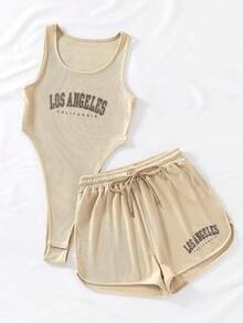 SHEIN Unity Bộ đồ nữ gồm áo liền quần cổ tròn in chữ và quần short cạp chun, kiểu dáng thường ngày, gồm 2 món. - Màu be - Xem 7