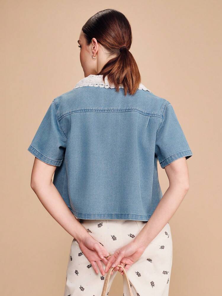 Blue Denim Short Sleeve Shirt With Crochet Collar Detail Boho Spring Summer Vintage Style French Style Spring Summer