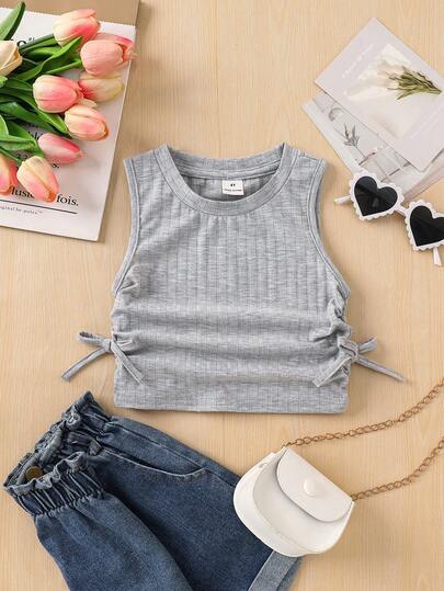 SHEIN 少女针织褶皱蝴蝶结装饰休闲吊带背心