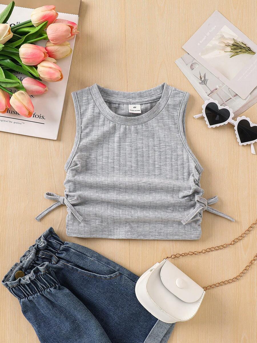 SHEIN Young Girl Knitted Ruched Bow Decor Casual Camisole,Kids - Light Grey - View 1