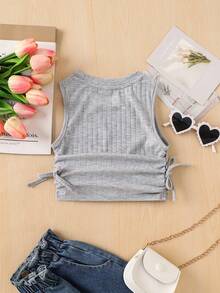 SHEIN Young Girl Knitted Ruched Bow Decor Casual Camisole,Kids - Light Grey - View 2