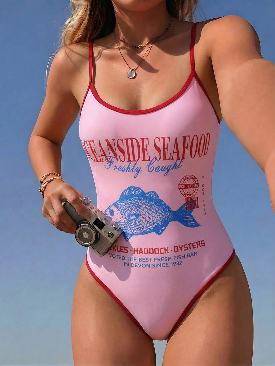 Swim Mod 女士复古鱼纹连体泳衣，可爱粉色单件泳衣 - 粉色 - 查看 1
