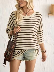 Breezaya Casual Coffee Brown Striped Rib-Knit Pullover Sweater For Women Long Asymmetrical Hem Round Neck Drop Shoulder Three Quarter Sleeve - Coffee Brown - View 7