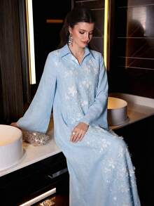 Yasmyna Women's 3D Floral Decor Casual Party Dress - Blue - View 4
