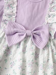 SHEIN Summer Newborn Baby Girl Blue White Floral Dress And Headband,Cute Baby Shower Christening Outfit,Short Sleeved Patchwork Bubble Photoshoot Outfit - Purple - View 6