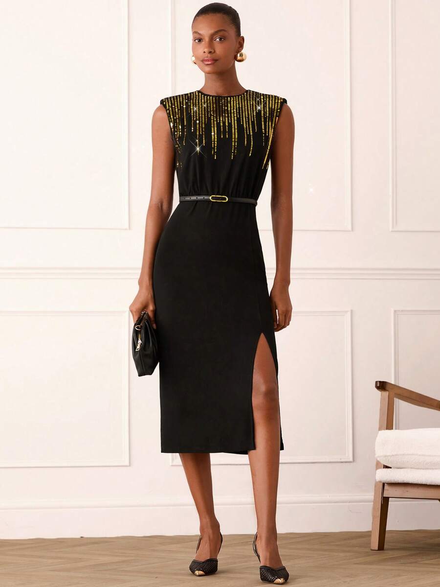 Lilora Women's Elegant Sequin Embroidered Midi Dress - Black - View 1
