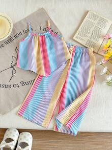 SHEIN Bộ đồ bé gái mùa hè kiểu dáng thường ngày kẻ sọc vạt lệch vai gồm áo hai dây và quần. - Nhiều màu - Xem 3