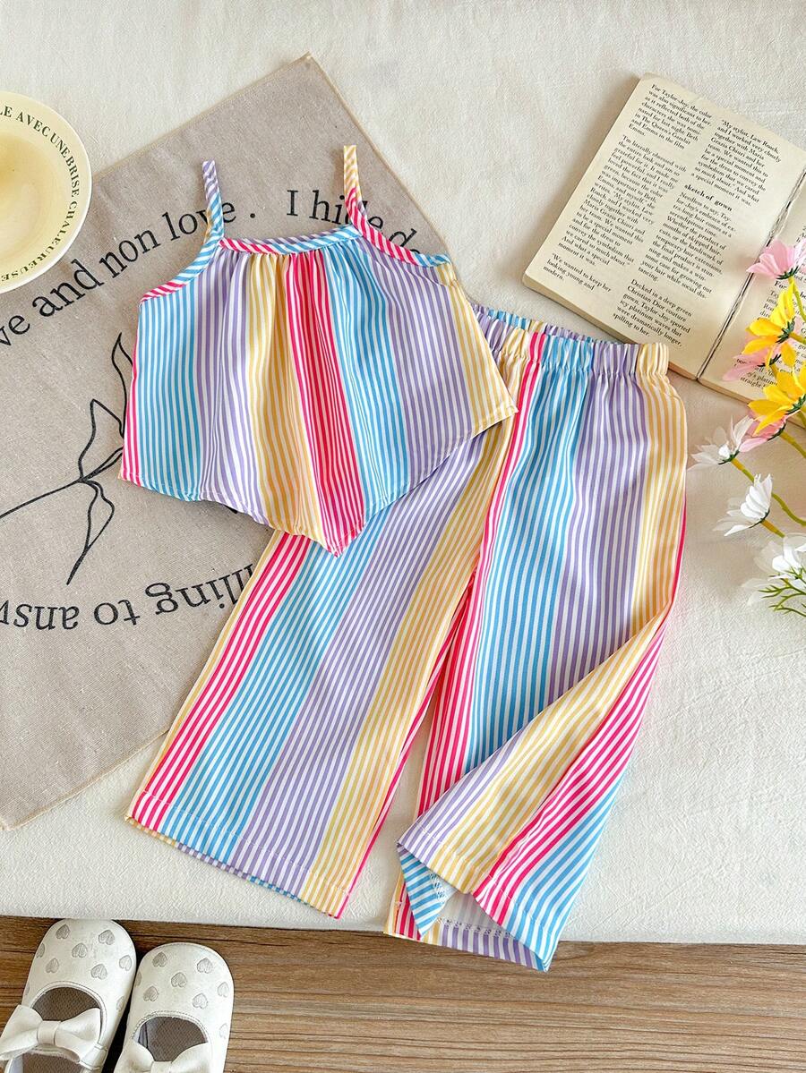 SHEIN 女婴夏季休闲日常条纹不对称下摆吊带背心和裤子套装 - 彩色 - 查看 1