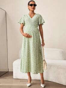 MaterniWear Đầm bầu in họa tiết toàn thân, xếp ly, kiểu dáng thường ngày, thích hợp cho kỳ nghỉ. - màu xanh lá - Xem 5