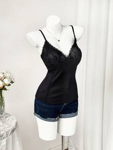 Sweetra Plus Size Women Lace Patchwork Camisole - Black - View 3