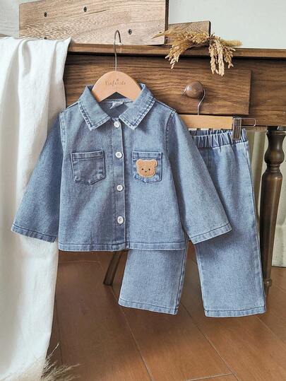 Vintaside Kids 2pcs Baby Boy Denim Blue Collar Long Sleeve Jacket Shirt And Pants Set, Bear Embroidery Decor, Suitable For Autumn/Winter Casual Wear
