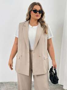 SHEIN CURVE+ Plus Size Lapel Collar Double Button Vest Blazer Workwear Graduation,Back To School,Teacher Outfits For Women In Fall/Winter - Apricot - View 5