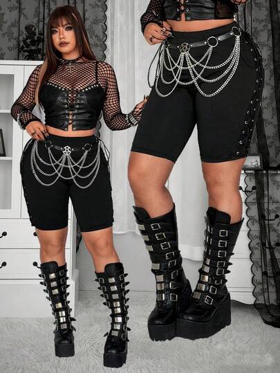 Whyspr Plus Size Women Punk Patchwork Grommet Lace-Up Shorts