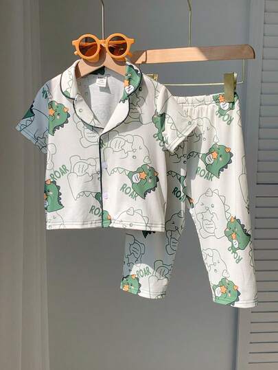 SHEIN 2件套婴儿男女童卡通恐龙格子短袖翻领开衫上衣和松紧腰裤套装，春夏格子睡衣套装