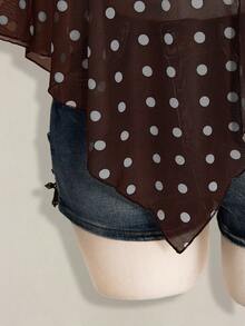 SHEIN ICON 大码女式黑白波点不对称肩部网纱上衣 - 棕色 - 查看 7