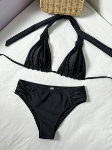Bonvoyette 女士优雅休闲度假挂脖比基尼套装，手工绳编岛屿泳池派对泳衣 - 黑色 - 查看 2
