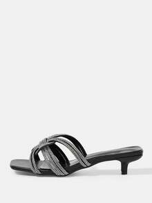 CUCCOO HITCHD Black Rhinestone French Square Head Kitten Heel Temperament Banquet Ladies High Heel Sandals - Black - View 2