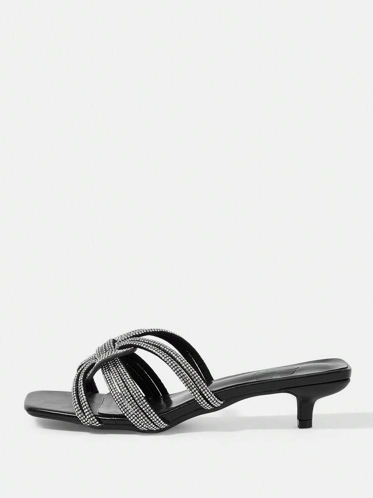 CUCCOO HITCHD Black Rhinestone French Square Toe Kitten Heel Temperament Banquet Ladies High Heel Sandals Summer Shoes