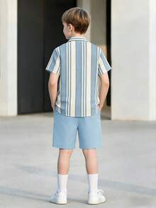 Vacaura 2 pezzi/set Camicia a righe e pantaloncini comodi e casual per ragazzi adolescenti - Multicolore - Visualizzare 2
