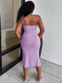 Alexandranx 前繫帶胸部褶皺肩部打結吊帶洋裝 - 紫丁香色 - 查看 3