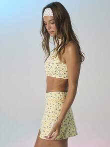 Aralina 印花拉链高领露脐上衣高腰迷你裙套装度假装女装夏季两件套 - 黃色 - 查看 6