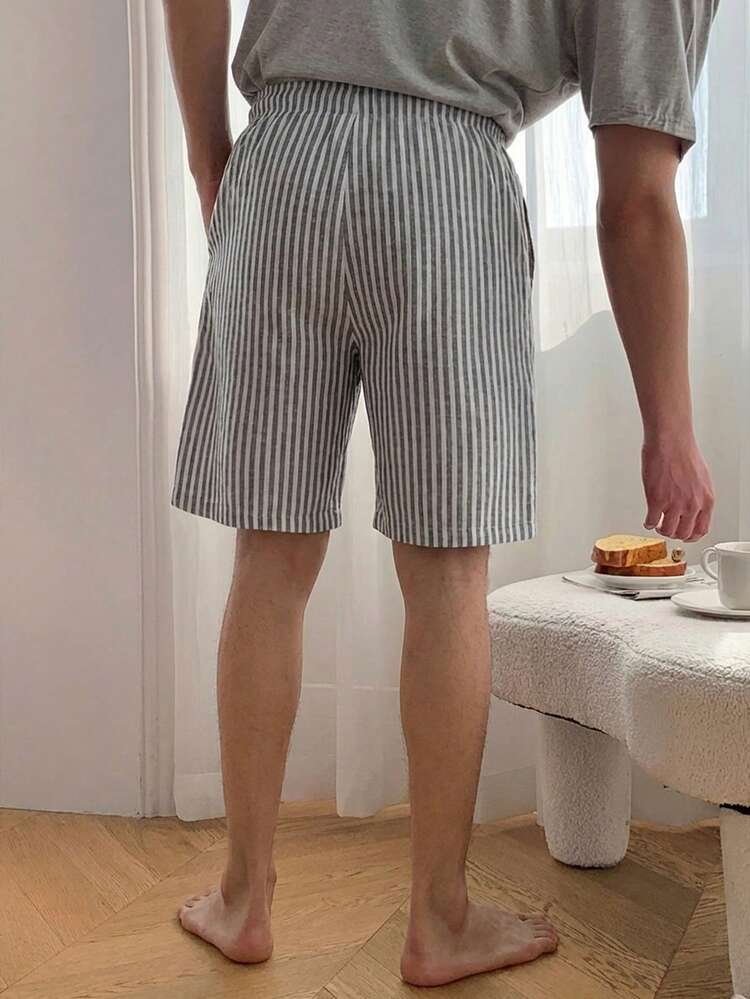 Men's Striped Elastic Waist Shorts, Casual Home Wear For Summer