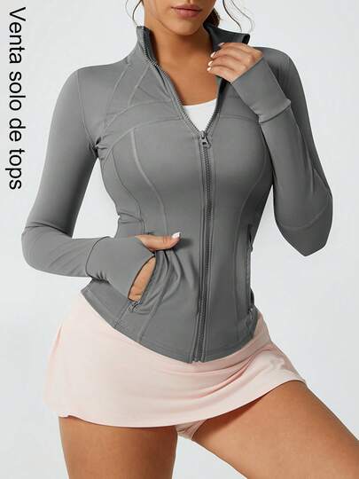 Deporte zipper chaqueta mujer slim fit cierre cintura pulgar hebilla manga larga chaqueta con bolsillos running gimnasio yoga ropa al aire libre casual