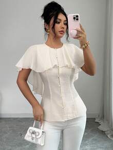 Elenzga Women's Solid Color Sheer Round Neck Capelet Style Romantic Ruffle Buttoned A-Line Sleeveless Short Sleeve Pink Blouse, Elegant French Retro Minimalist Formal Office Commute Business Casual Beach Holiday Street Style Spring/Summer New Blouse For Women Elegant Classy Women's Tops And Blouses Women's Short Sleeve Tops Latest Tops For Women New Arrivals Women's Tops For Summer - Pale Yellow - View 3