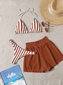 Swim Mod Bộ bikini kẻ sọc 3 món dành cho kỳ nghỉ biển: Áo tắm, quần short che ngoài. - Nhiều màu - Xem 1