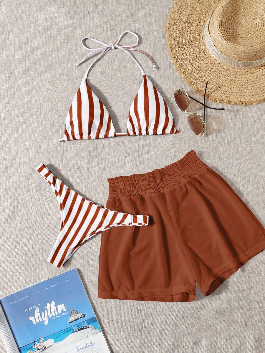 Swim Mod Bộ bikini kẻ sọc 3 món dành cho kỳ nghỉ biển: Áo tắm, quần short che ngoài. - Nhiều màu - Xem 1