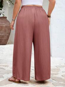 SHEIN CURVE+ Curve 尺码 US22 音乐节、海滨度假、波西米亚风两件套休闲纹理褶皱面料基础直筒裤，略微透视 - 彩色 - 查看 2