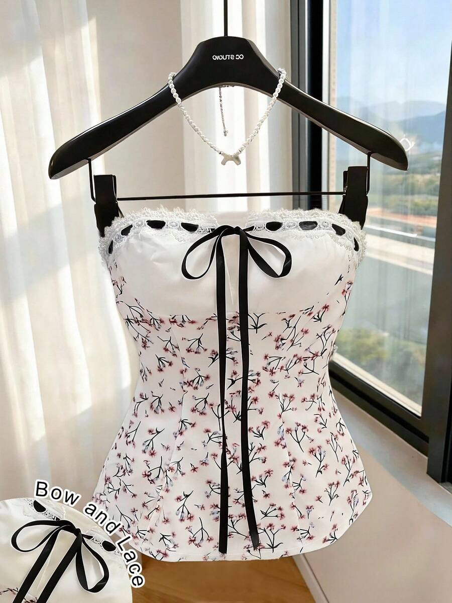 Airaco Áo hai dây ngắn kiểu dáng thanh lịch họa tiết hoa nhí thắt nơ phía trước dành cho nữ, thích hợp cho mùa hè. - trắng - Xem 1