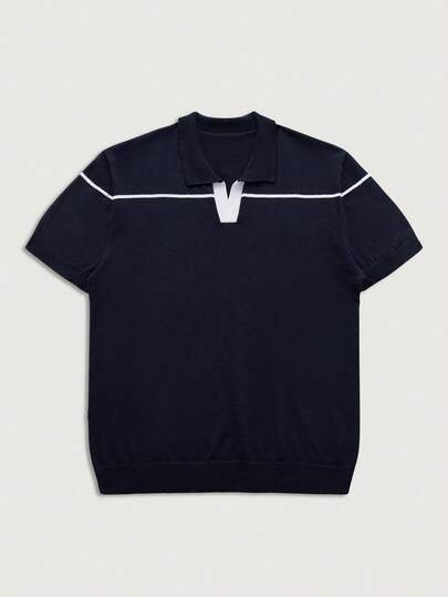 Courvante Men's Loose Lightweight Premium Knit Seagull Collar Polo Shirt - Striped Airplane Collar Short Sleeve, Cool & Comfortable Summer Fashion Casual Essential, Versatile For Daily Commute Cruise Attire For Men Navy Blue Top Men Men S Resort Wear Summer Wear For Men