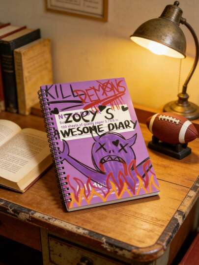 1pc "ZOYE'S AWESOME DIARY" A5 Notebook, 50 Pages, Spiral Coil Design, Lined Inner Pages, 180° Lay-Flat Planner, Suitable For Studying Office Work DIY Journaling Back-To-School Season