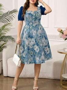 Reflora Đầm dự tiệc thanh lịch in hoa dành cho nữ cỡ lớn, thích hợp cho mùa hè. - Màu xanh lam - Xem 13