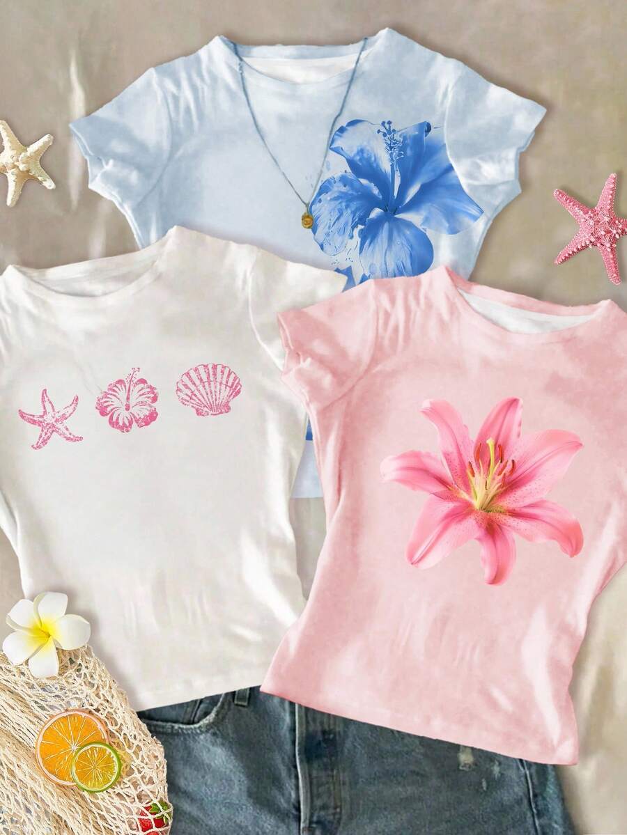 SHEIN Chill Vacation 热带花卉、芙蓉、鸡蛋花、海星、贝壳海岸图案修身款青少年女孩 3 件套圆领短袖 T 恤,舒适休闲,白色、浅粉色、浅蓝色,夏季 - 彩色 - 查看 1