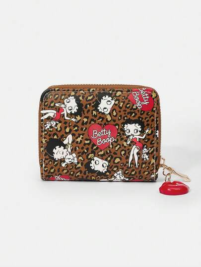Betty Boop x SHEIN 1805040 1 件装，深色豹纹红色嘴唇图案简约风格拉链零钱包，适合女性