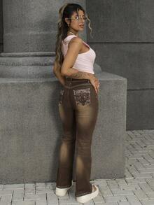 Rayane Ketlyn Women's Leopard Embroidered Pocket Flare Leg Skinny Jeans - Brown - View 4