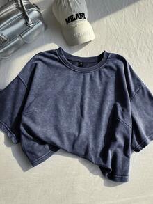 Comfortcana Plus Size Short Sleeve Cotton T-Shirt, Washed Snowflake Design, Spring - Navy Blue - View 6