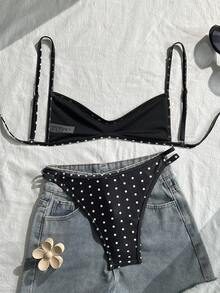 Swim Mod Conjunto de bikini de dos piezas con tirantes finos, de color negro con lunares blancos, traje de baño sexy para vacaciones de verano - Multicolor - Ver 2