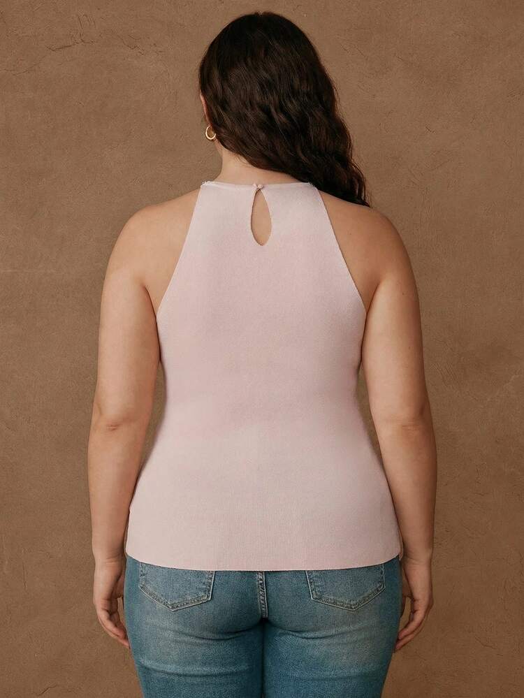 Summer Elegant Rhinestone Bowknot Decor Sleeveless Midi Slit Knit Tank Top, Pink, Off The Shoulder, Suitable For Party, Plus Size