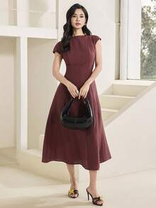 Heiryn New Korean Style Asymmetric V-Neck Cap Sleeve High Waist Slimming A-Line Elegant Commuter Dress,Work Dress - Brown - View 4