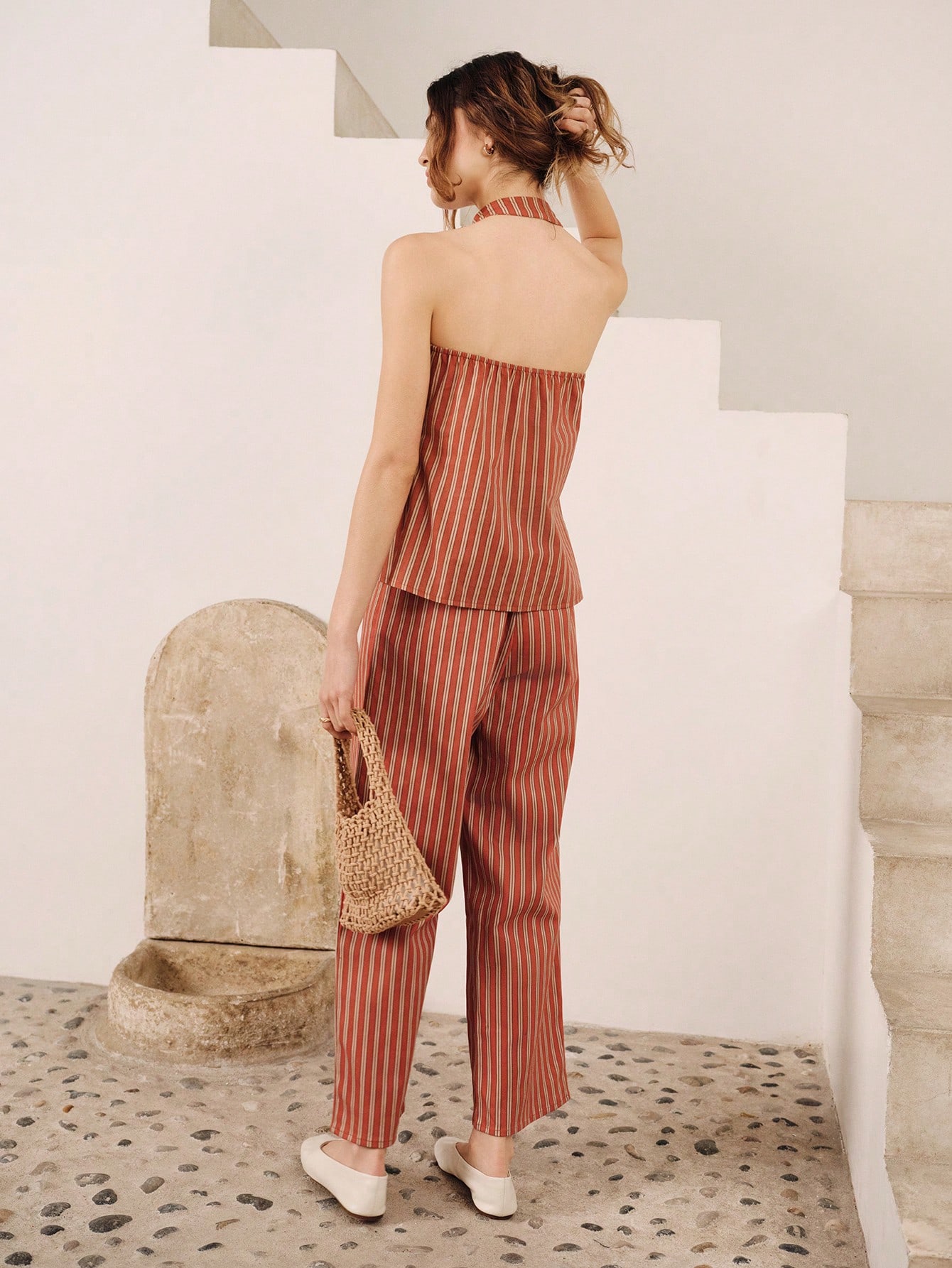 Rust Striped Sleeveless Top With Bow Detail And Straight-Leg Pants Set Chic Spring Summer Style French Style Parisian Style Vacation Business Casual Top